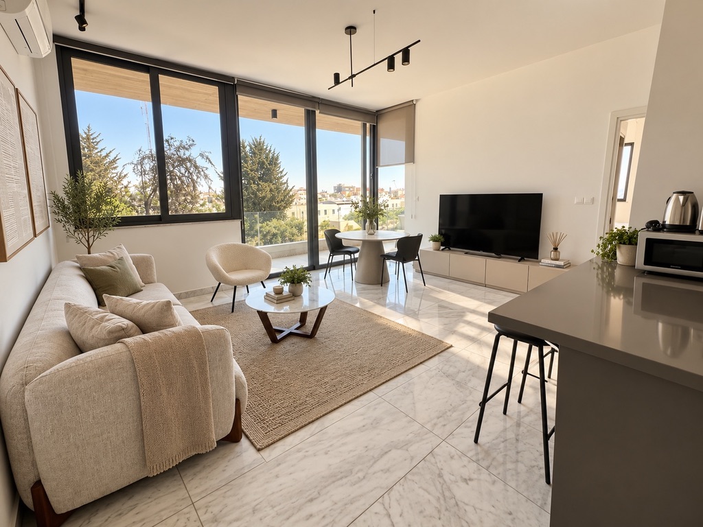 Wide open-plan living room with sofa, dining table, kitchen island and large windows at Stay City 301 in Paphos
