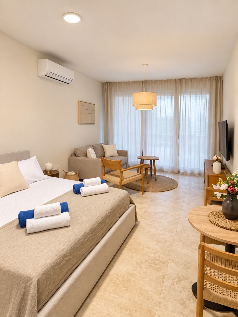 Wide open-plan studio with bed, lounge seating, dining table and Smart TV at Avalon Gardens A001 in Paphos
