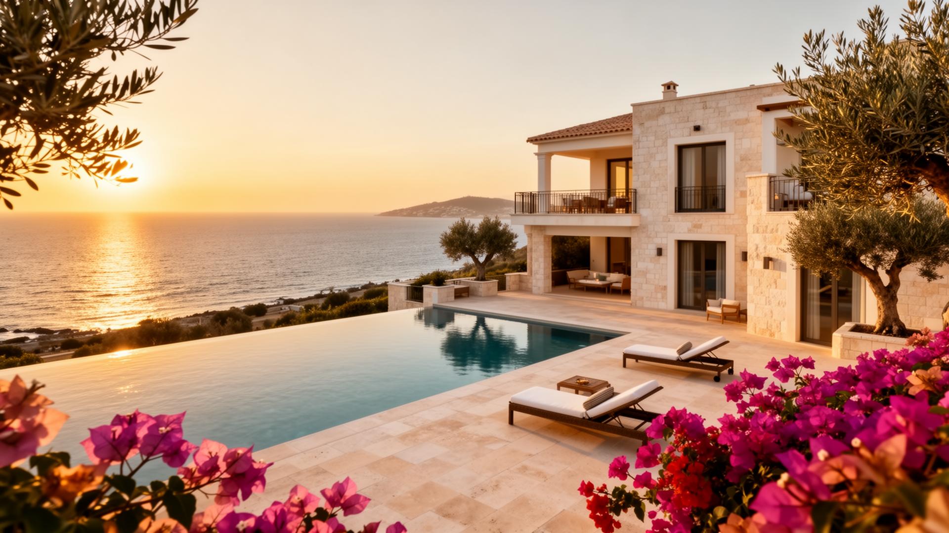 Mediterranean villa above the Paphos coastline at golden hour